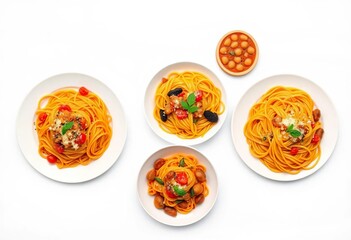 Three plates showcasing various pasta dishes on a pristine white backdrop,  pesto,  macro