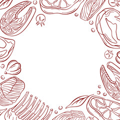 Frame design with line art style raw meat, salmon, garlic, tomato, pepper and herbs on white background. Perfect for restaurant card and food packaging design.
