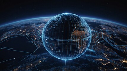 A striking digital representation of Earth, showcasing glowing lines of data connectivity against a starry backdrop.