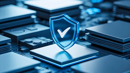 Digital cybersecurity shield icon on modern computer motherboard 
