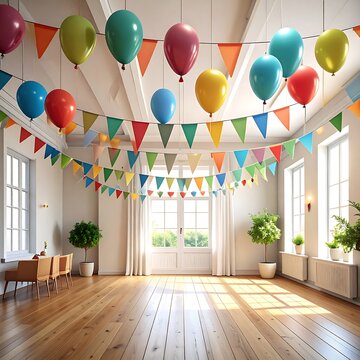 Party room with balloons and flags