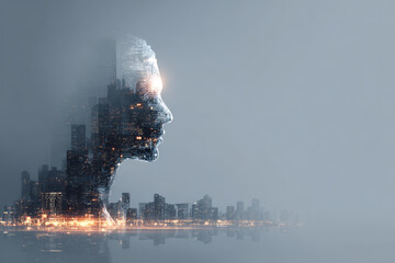 Double exposure cityscape human face silhouette technology artificial intelligence futuristic digital innovation night