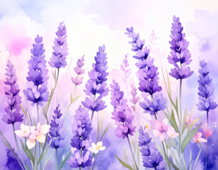 Obraz premium beautiful watercolor painting features blooming lavender sprigs in various shades of purple, with delicate green stems and leaves, set against a soft wash of pastel pink and light blue, creating