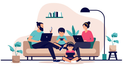 Family using various digital devices and screens such as laptops, a smartphone and a tablet while relaxing together on the sofa at home, flat design vector illustration