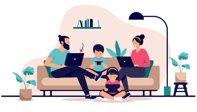 Family using various digital devices and screens such as laptops, a smartphone and a tablet while relaxing together on the sofa at home, flat design vector illustration