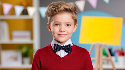 Boy with stylish bow tie stands confidently while smiling after receiving good report card. Classroom filled with colorful decorations and study materials