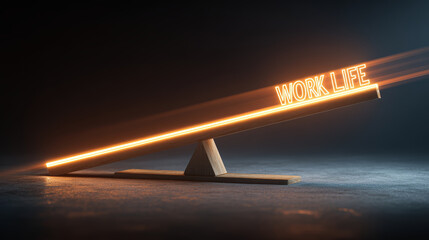 Work life balance concept, glowing text on wooden seesaw, dark background, modern minimal style, stress and harmony metaphor