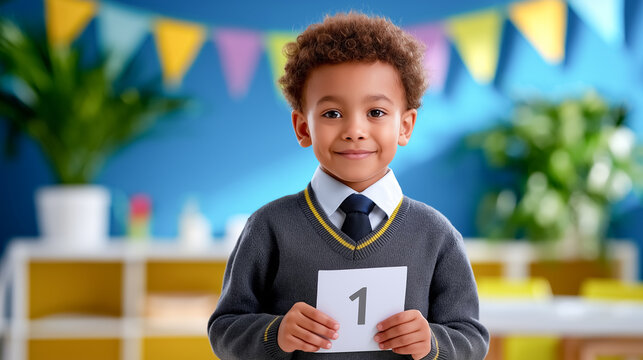 Young boy smiles while holding up first report card in colorful classroom setting. Bright wall decorations and plants create an encouraging learning environment