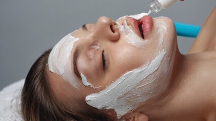 Young Caucasian woman enjoying a facial treatment in a serene spa environment.