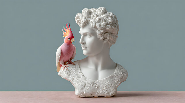 detailed classical sculpture bust of a man with curly hair, ornate decorative headpiece, realistic hyper-detailed digital art, intricate textures, highly detailed, cinematic lighting, dramatic, muted 