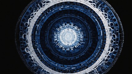 Abstract circular design featuring intricate patterns in shades of blue and white, creating a mesmerizing visual effect.