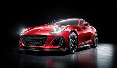 Red sports car, sleek design, spotlight