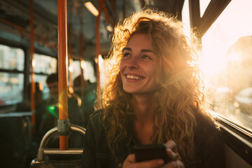 Smiling woman curly hair sunlight public transport city bus morning casual denim jacket holding phone joyful