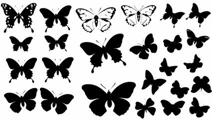 Collection of various butterfly silhouettes in different shapes and sizes against a white background view