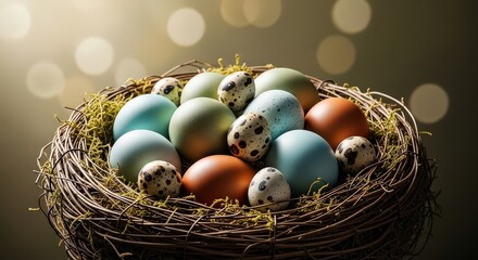 Obraz premium A rustic bird's nest filled with a colorful assortment of pastel and speckled eggs against a warm, glowing background.
