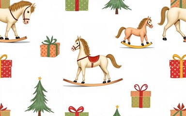 Christmas watercolor seamless Pattern with vintage baby toys and presents. Xmas background with rocking horse and spruce tree for wrapping paper or New Year banner. Illustration with gift boxes.
