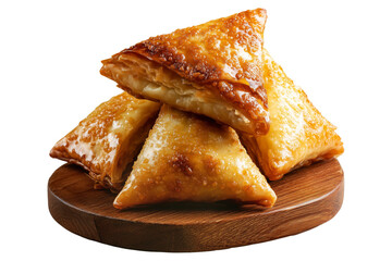 Sambousek Sambusa baked empanadas filled with ground beef and melted cheese on wooden plate, isolated on white transparent background, concept of savory snack food