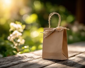 Simple Gift Bag On Wooden Table Outdoors