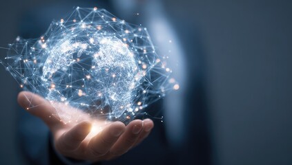 A hand holds a digital globe, network graphic