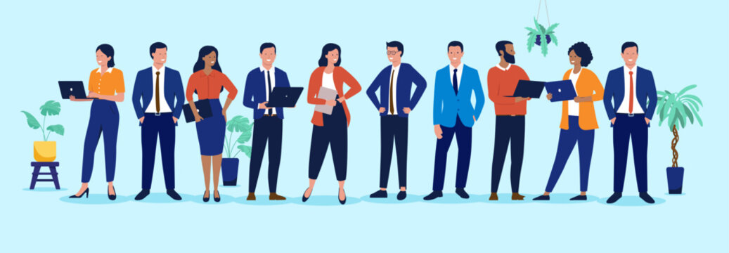 Collection of business people standing at work holding laptop computers and smiling, flat design vector characters