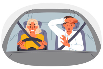 Frightened instructor from driving school near female driver driving car and risking accident and injury. Girl disregard traffic rules due to lack of qualifications to drive vehicle.