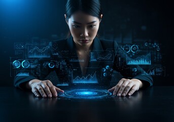Asian woman analyzing holographic data projections with intense focus in a dark, futuristic setting