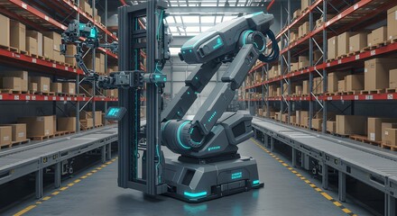 Automated Warehouse Robot Industrial Arm Working in a Logistic Center with Cardboard Boxes