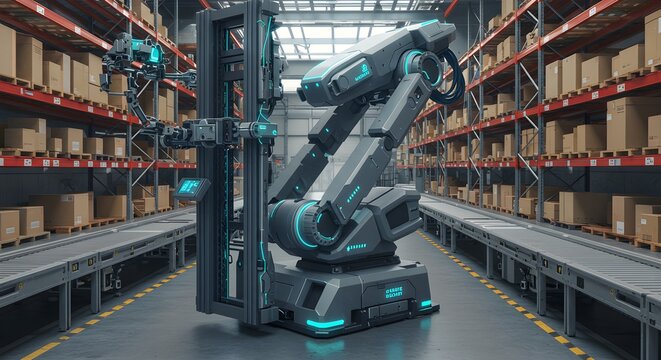 Automated Warehouse Robot Industrial Arm Working in a Logistic Center with Cardboard Boxes