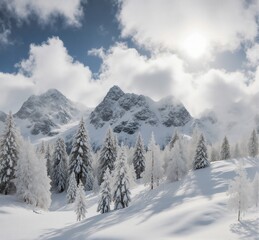Fototapeta premium Snowy Mountain Landscape with Evergreen Trees Under a Cloudy Sky