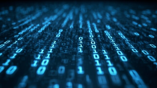 Blue digital binary code data flowing across futuristic computer screen background with glowing technology matrix and cyber programming concept