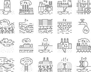heavy metal pollution icons set vector