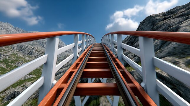 Roller coaster track with a bridge over it. The bridge is white and the track is red. Concept of excitement and thrill as the roller coaster speeds down the track - Powered by Adobe