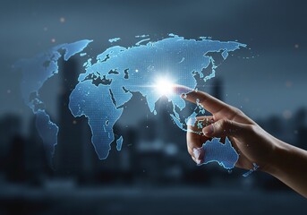 Digital World Map Interface Activated by a Human Hand, Asia Focus, Global Connection