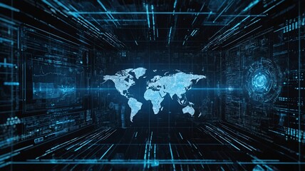 Futuristic digital world map with a blue and black tech interface, symbolizing global connectivity.