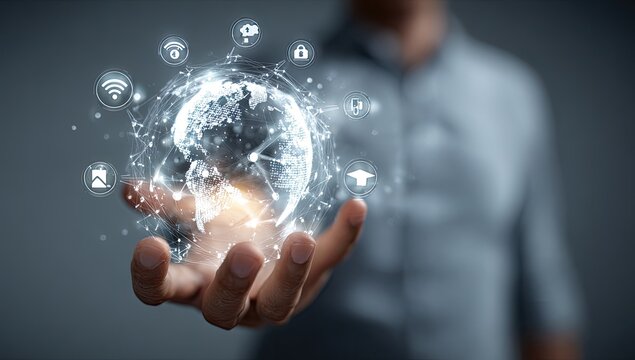 Person holding a holographic globe with connected icons