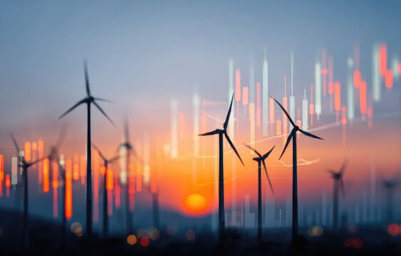 Wind turbines at sunset, overlaid with financial charts (1)