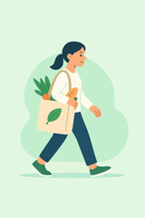 Woman carrying eco tote bag with fresh vegetables promoting organic lifestyle and zero waste.