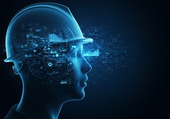 Futuristic Profile: Holographic Worker with Data Overlay in Cyan Tones on Black