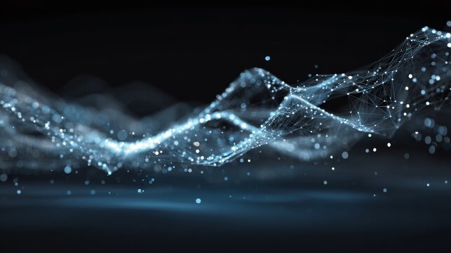Data technology illustration. Abstract futuristic background. Wave with connecting dots and lines on dark background. Wave of particles