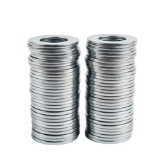 Two stacks of metal washers hardware components isolated on transparent background