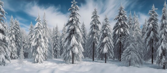 Fototapeta premium Snow-covered pine trees in a serene winter landscape under a clear blue sky