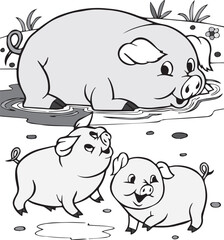 Cute cartoon pigs playing in the mud on a farm