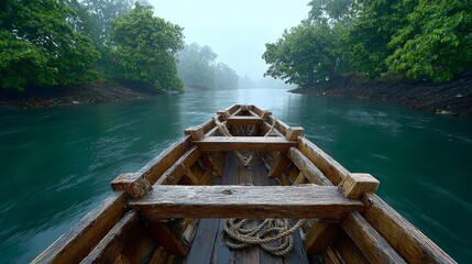 Boat is traveling down a river with trees in the background. The water is calm and the sky is cloudy
