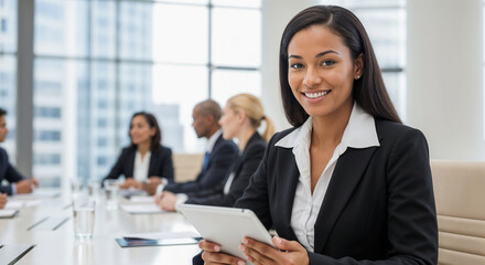 Professional woman smiles while using tablet during important business meeting in modern office setting