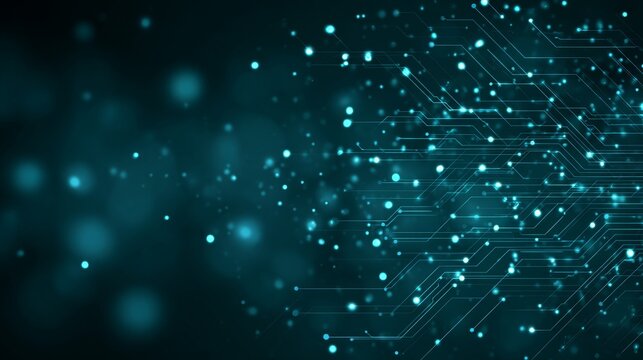 Abstract futuristic digital technology banner with green and blue glowing circuit lines, cyber network background, innovation data flow, virtual communication and modern tech design