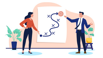  Two business people creating a new business strategy, plan, or a roadmap, with a man pointing at a chart on a large sheet of paper, a flat design vector illustration