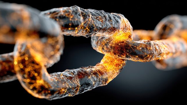 Glowing, metallic chain links interlock; intricate, textured surface