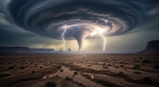 A powerful tornado with lightning strikes tears through a desolate desert landscape under a stormy sky. - Powered by Adobe
