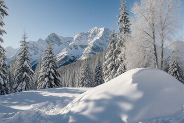 Obraz premium Snow-covered landscape with evergreen trees and majestic mountains under a clear blue sky