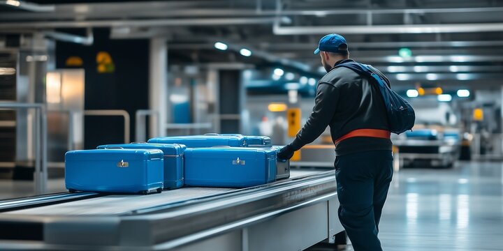 Airport worker managing blue luggage on a conveyor belt system for transport